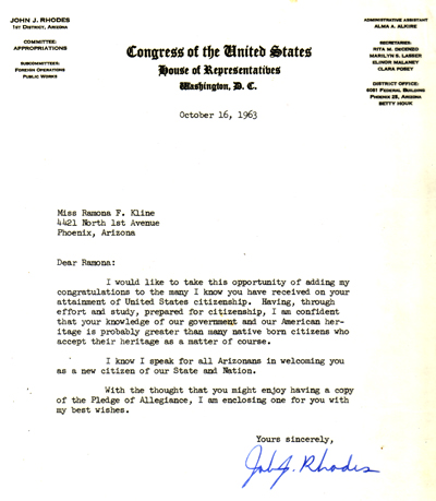 Letter from Congressman John Rhodes