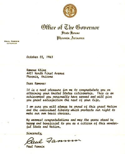 Letter from Governor Paul Fannin
